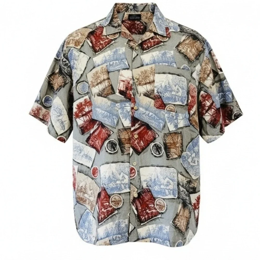 Greg‎ Norman L Hawaiian Shirt Men Short Sleeve Button Down Colorful Linen Blend